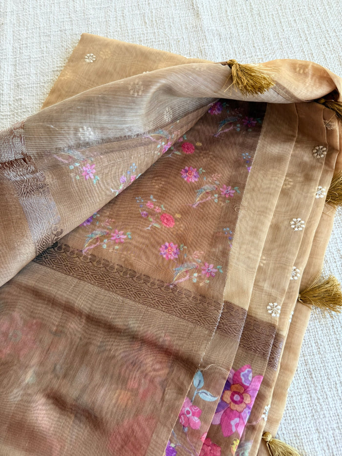 Emb and printed chanderi saree - Beige