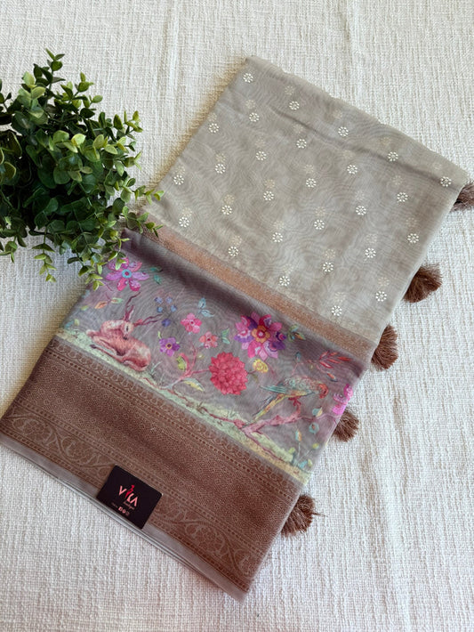 Emb and printed chanderi saree - Grey