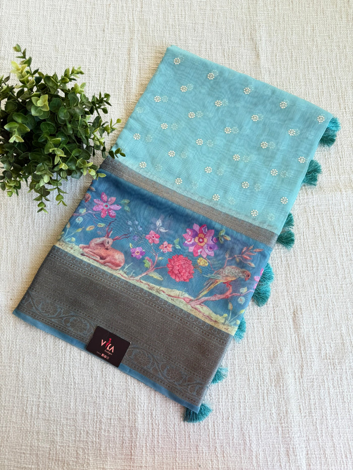 Emb and printed chanderi saree - Light Blue