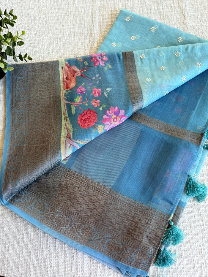 Emb and printed chanderi saree - Light Blue