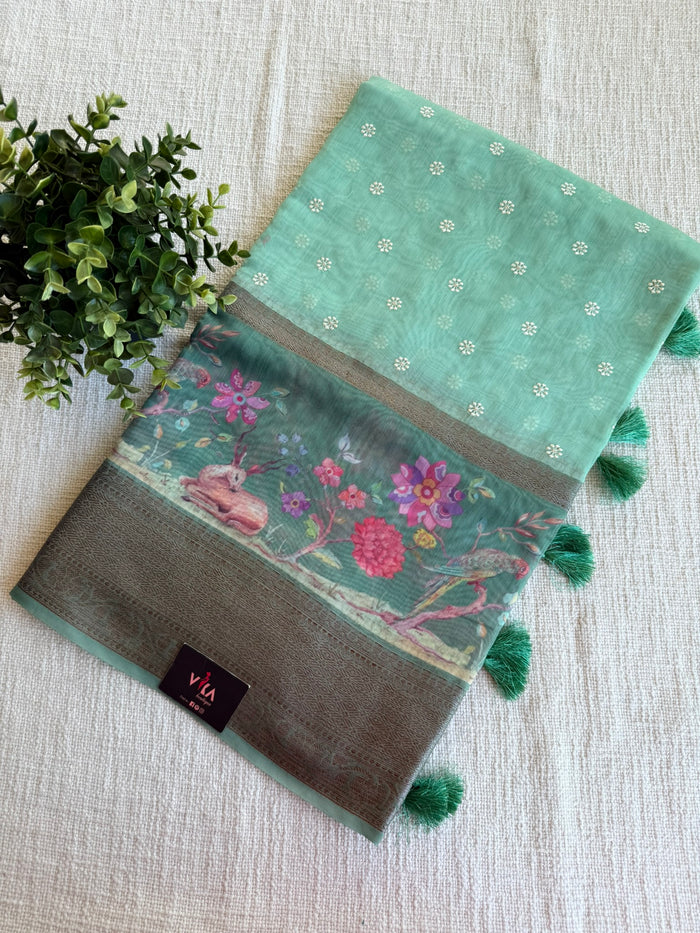 Emb and printed chanderi saree - Mint Green