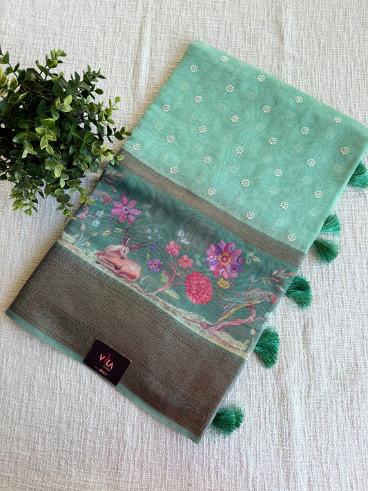 Emb and printed chanderi saree - Mint Green