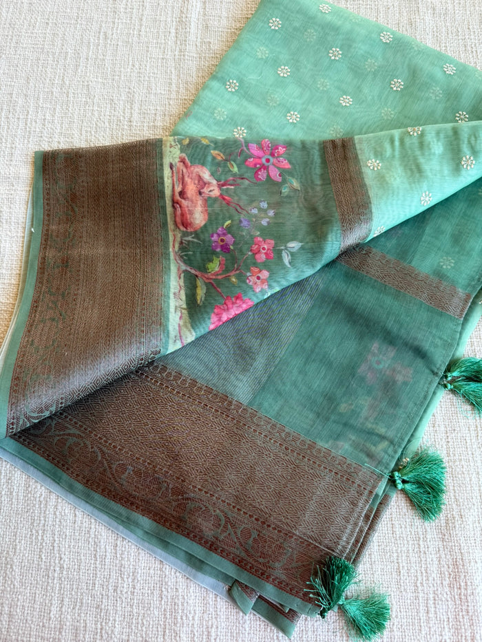 Emb and printed chanderi saree - Mint Green