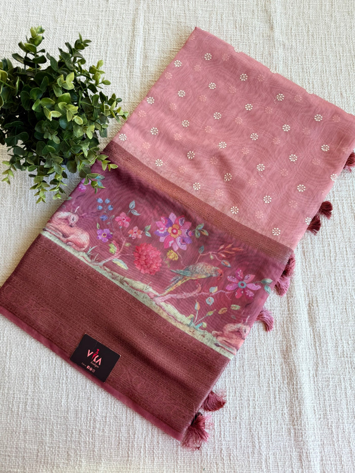 Emb and printed chanderi saree - Peach