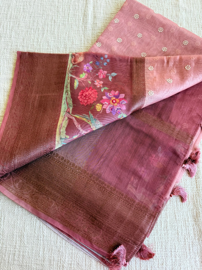 Emb and printed chanderi saree - Peach