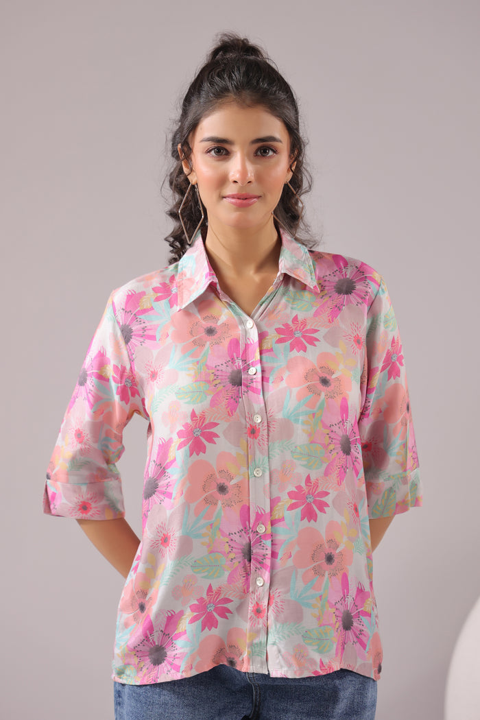 Floral Blush Printed Muslin Silk Shirt
