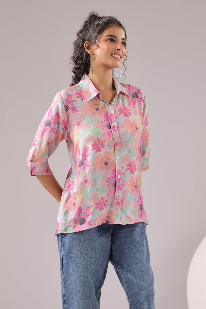 Floral Blush Printed Muslin Silk Shirt