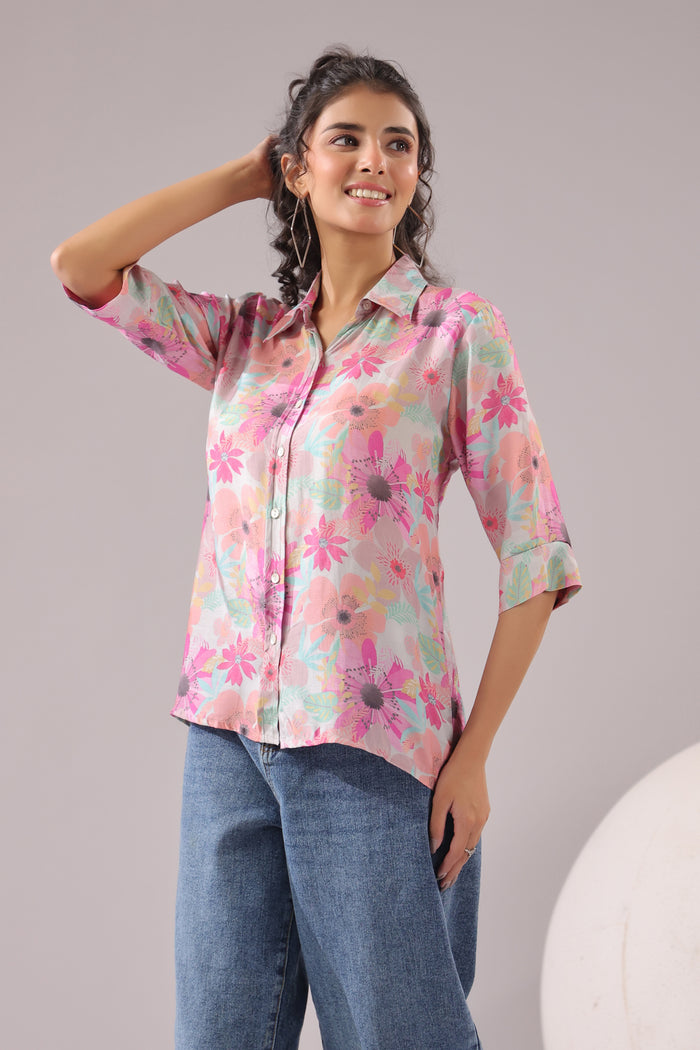 Floral Blush Printed Muslin Silk Shirt