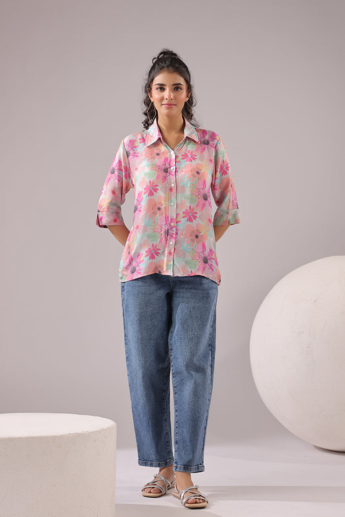 Floral Blush Printed Muslin Silk Shirt
