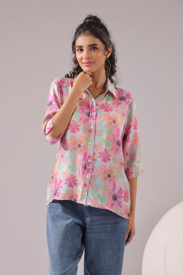 Floral Blush Printed Muslin Silk Shirt