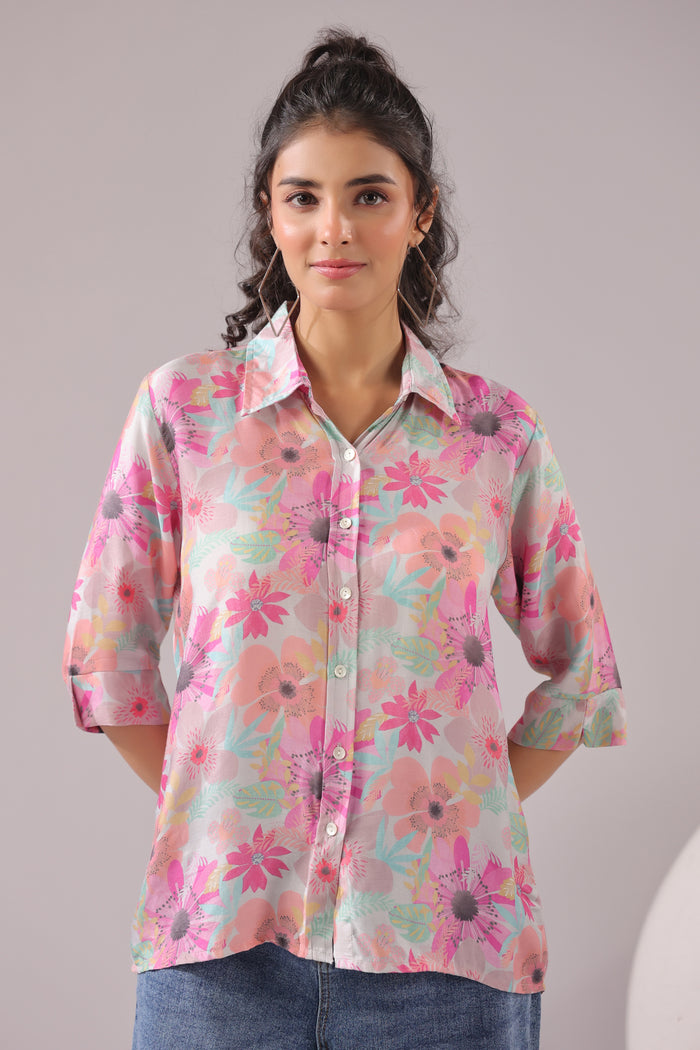 Floral Blush Printed Muslin Silk Shirt