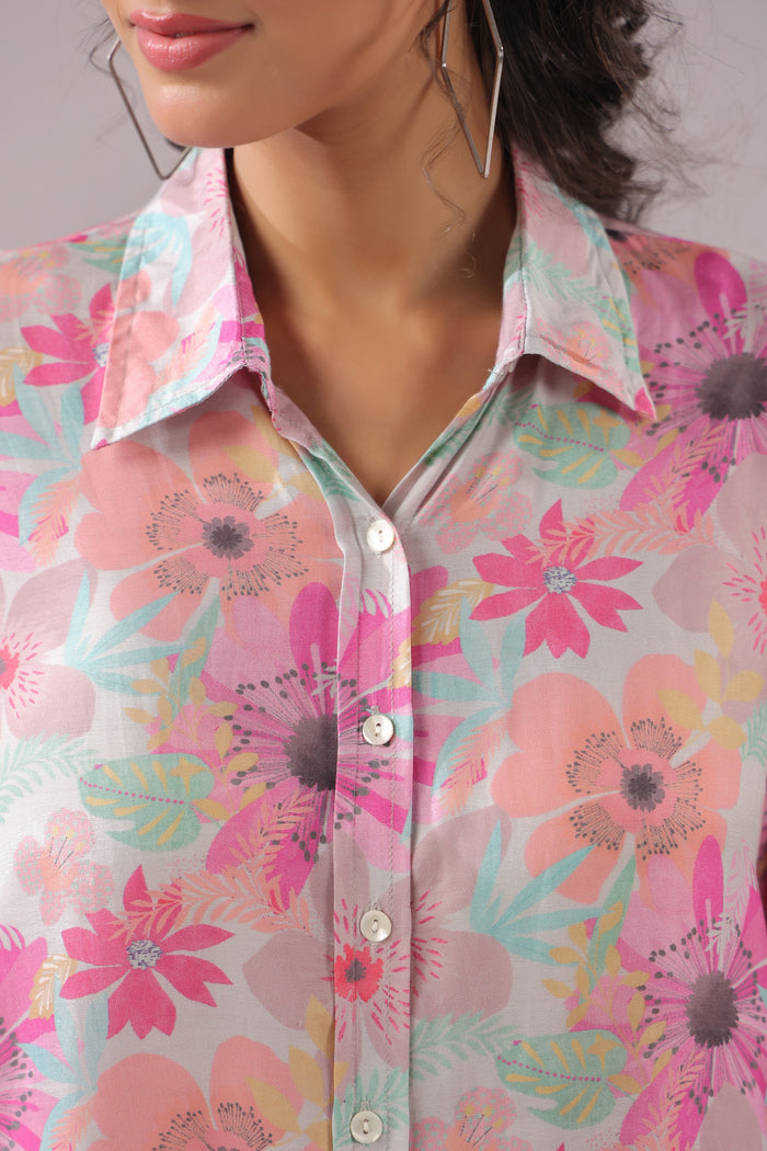Floral Blush Printed Muslin Silk Shirt