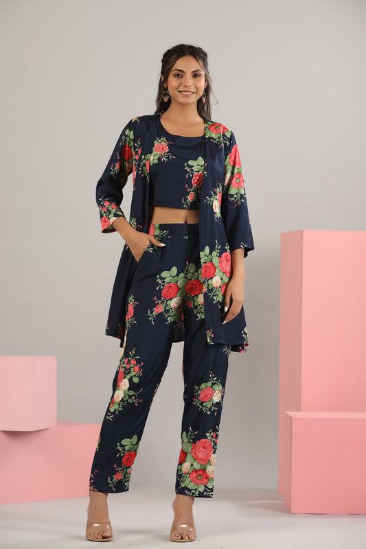 Floral Bouquet on Blue Cotton Three Piece set
