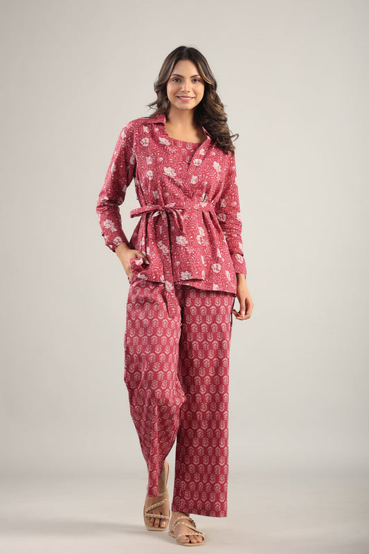 Floral fit Maroon Cotton Three Piece Co-ord Set