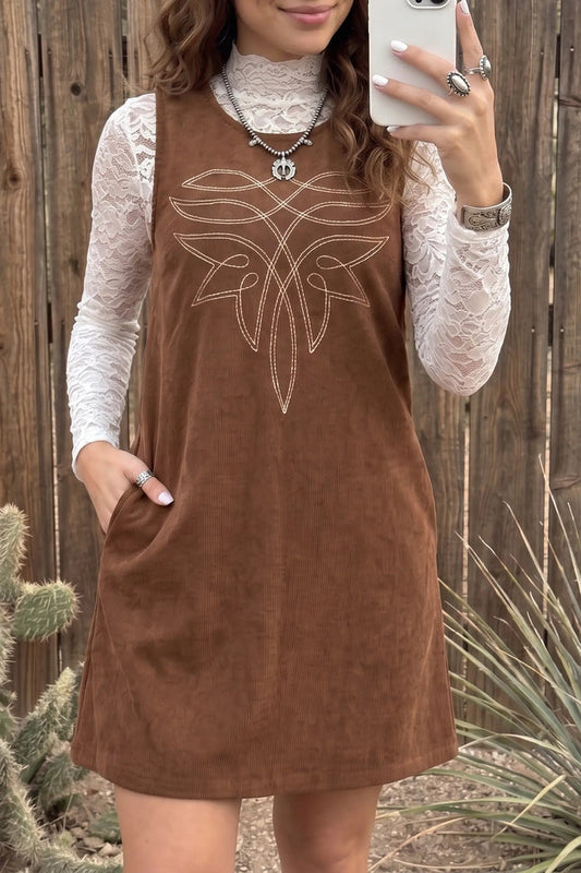 Geometric Embroidery Sleeveless Corduroy Shift Dress – Coffee