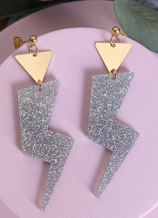 Grace Jones Lightning Bolt Silver Glitter Earrings