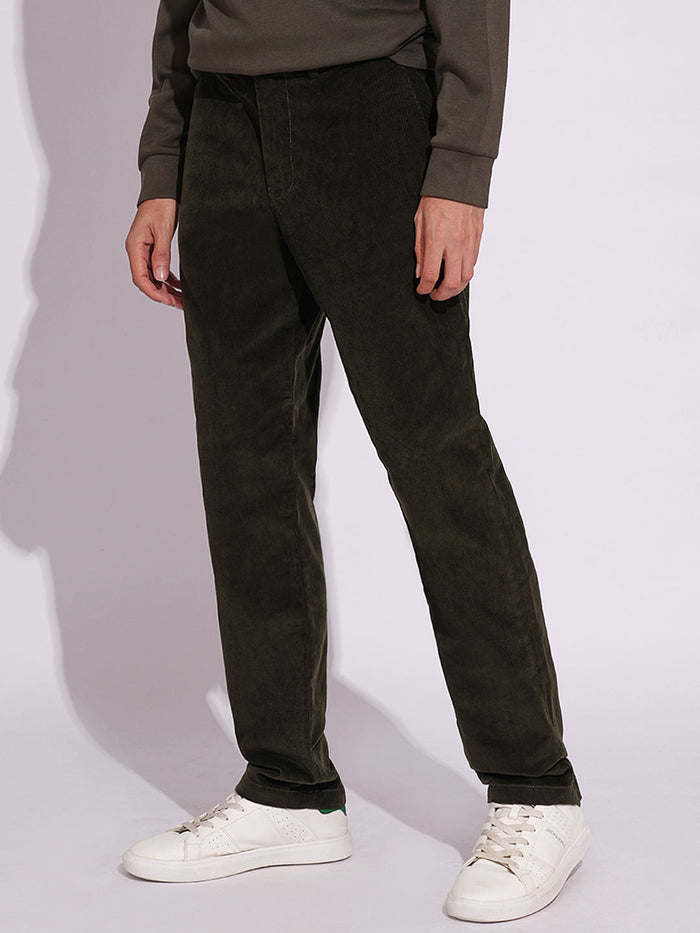 Green Corduroy Straight Fit Pants