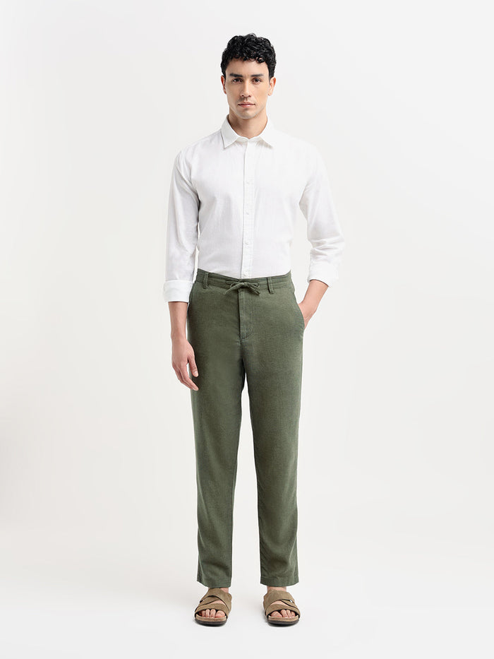 Green Linen Blend Slim Fit Pants
