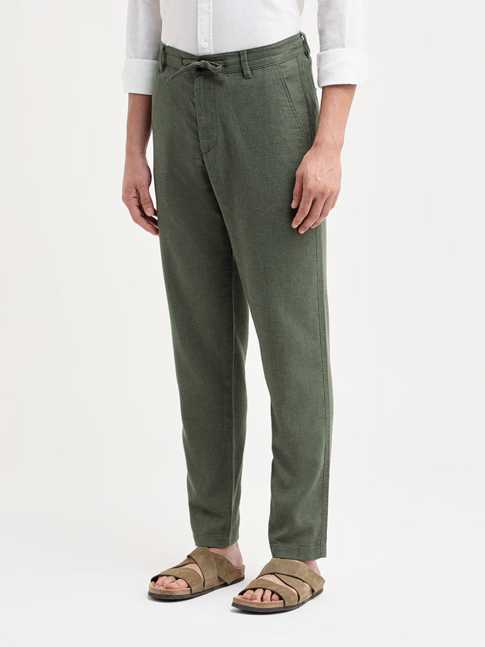 Green Linen Blend Slim Fit Pants