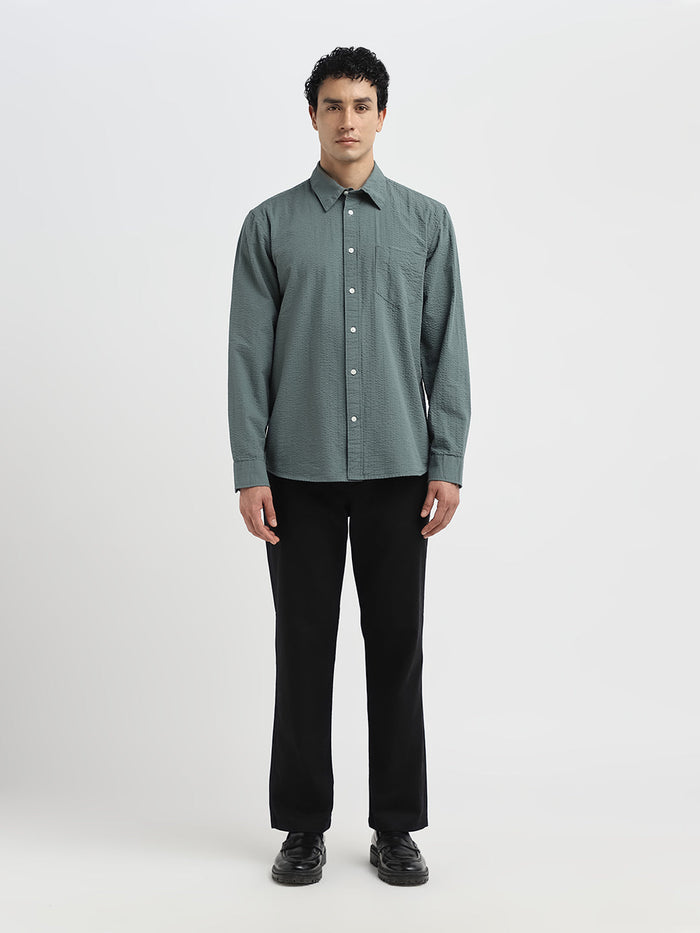 Green Seersucker Full Sleeves Shirt