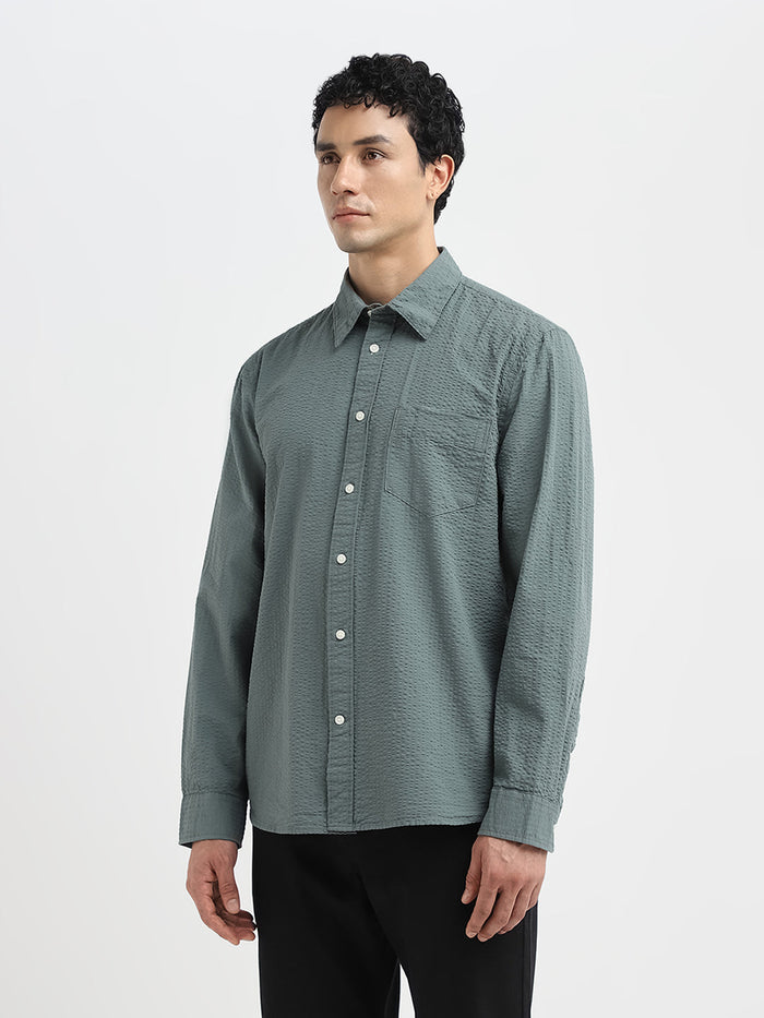 Green Seersucker Full Sleeves Shirt