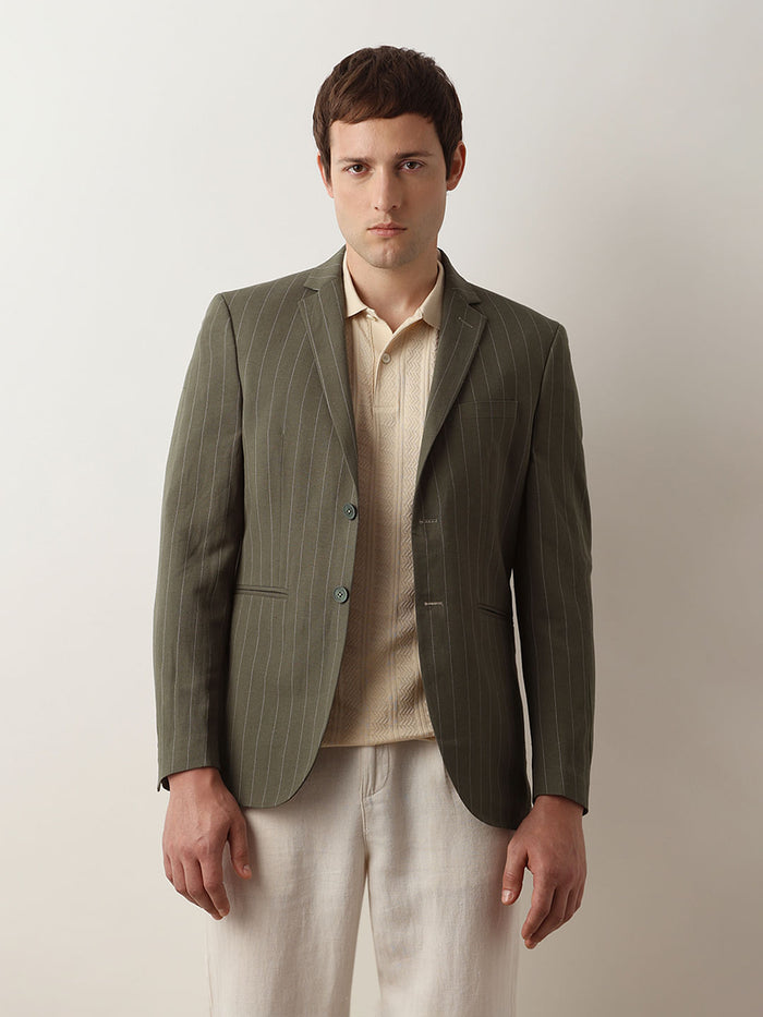 Green Striped Casual Blazer