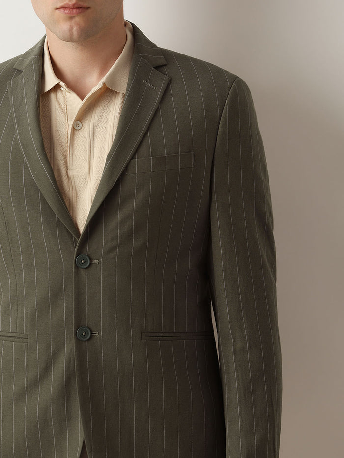Green Striped Casual Blazer