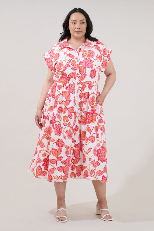 Grenola Button Up Midi Dress Arely Floral Curve