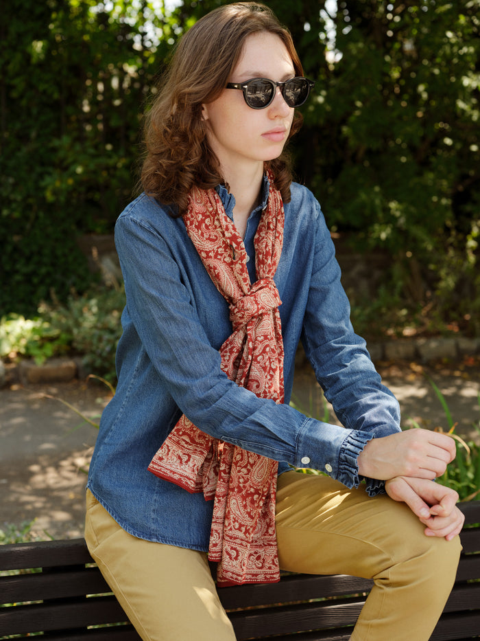 Hand Blocked Scarf in Crimson Paisley
