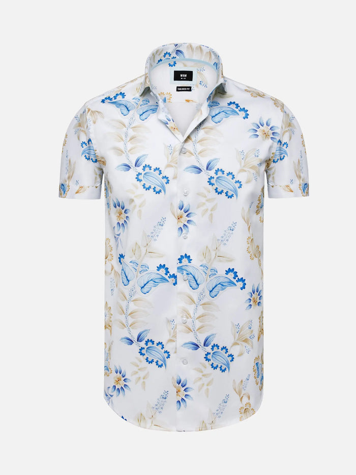 White short sleeve floral print shirt with blue and beige leaf patterns – Wam Denim.