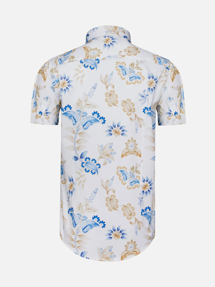 Back view of white floral short sleeve shirt with blue and beige leaf print – Wam Denim.