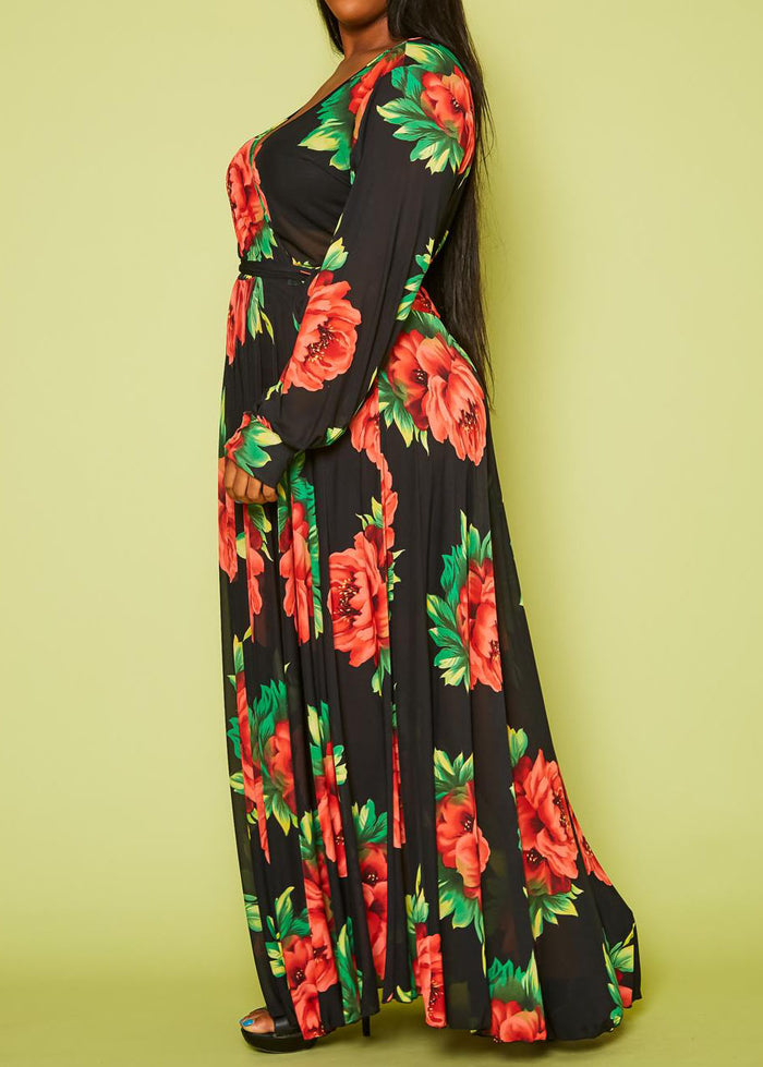 HI Curvy Plus Size Women Flare Peony Print Maxi Dress