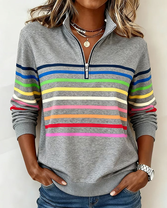 Isavelline - Sweat Zippé Décontracté à Rayures Colorées