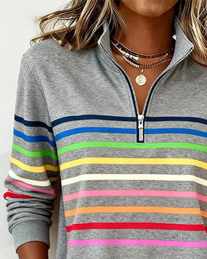 Isavelline - Sweat Zippé Décontracté à Rayures Colorées