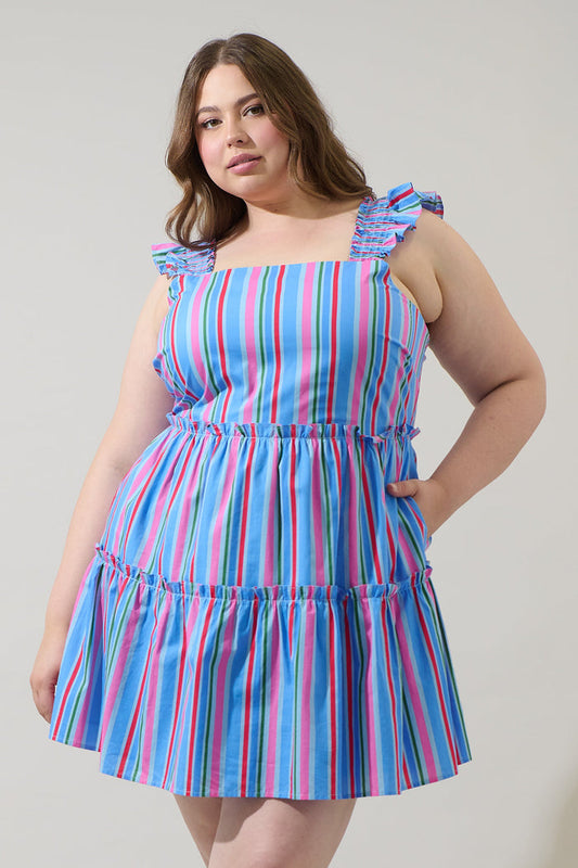 Jaimie Stripes Ruffle Tiered Mini Dress Curve