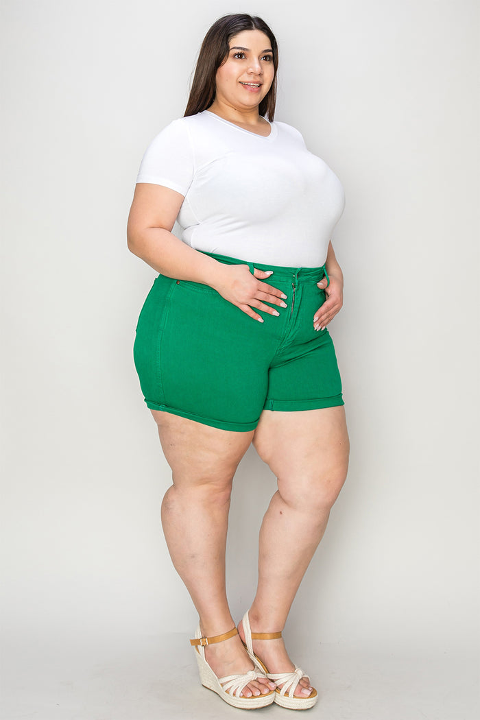 Judy Blue Tummy Control Garment Dyed Denim Shorts Kelly Green