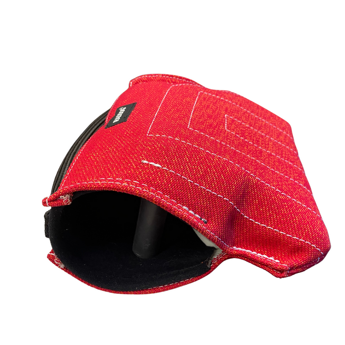 Interior view of a red RADDOG Junior Short Sleeve showing the black internal hand grip, black padded lining, and white reinforced stitching.