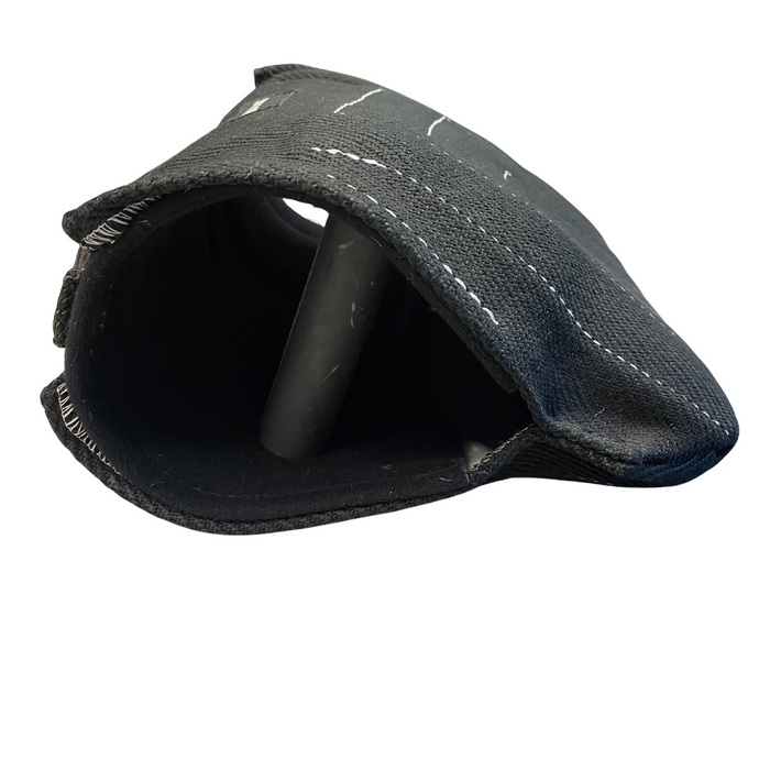 Interior view of a black RADDOG Junior Short Sleeve showing the black internal hand grip, black padded lining, and white reinforced stitching on the Nylcot exterior.