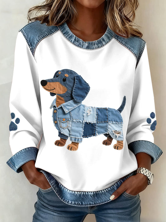 Karianesse - Sweat Patchwork en Jean avec Motif Teckel