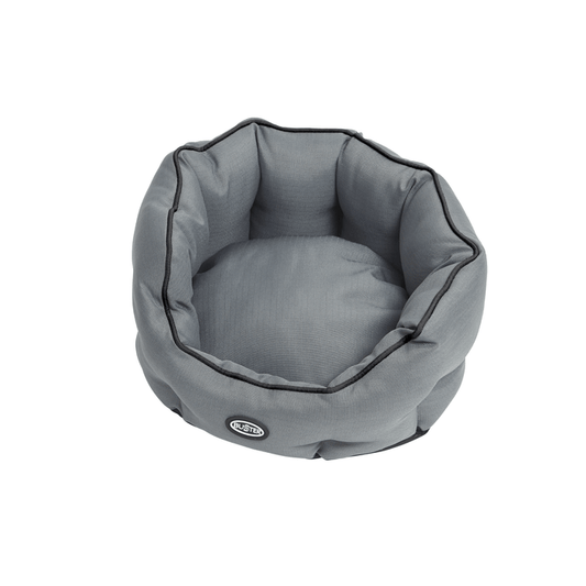 Oval donut-type grey dog bed with black piping pictured on a white background.