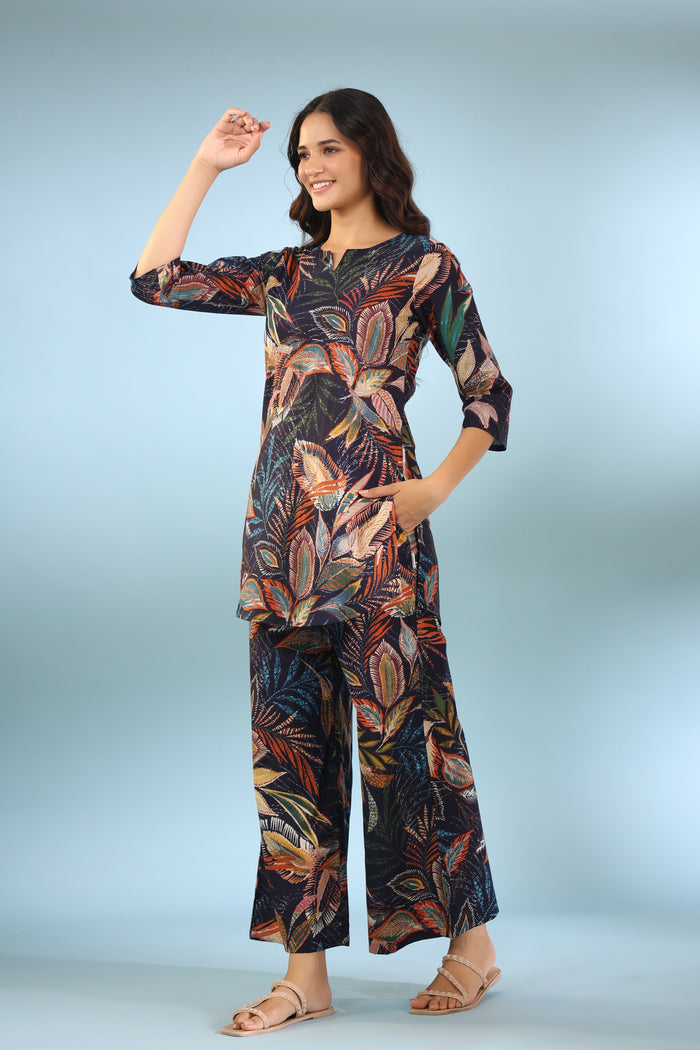 Leaf Ombre on Blue Cotton Palazzo Loungewear Set