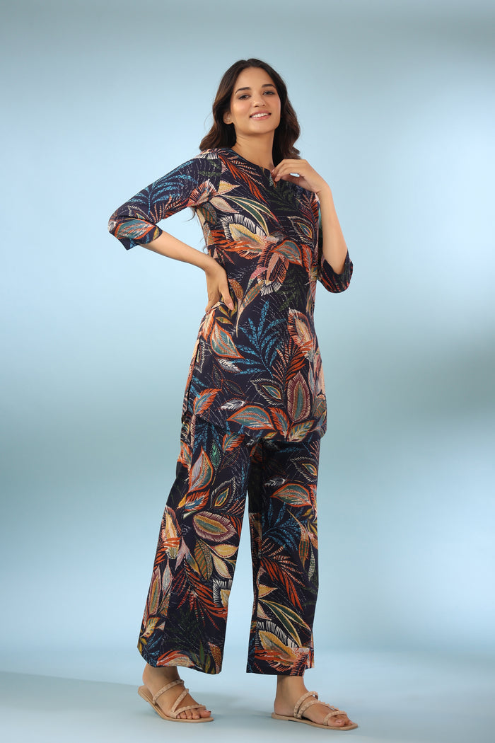 Leaf Ombre on Blue Cotton Palazzo Loungewear Set