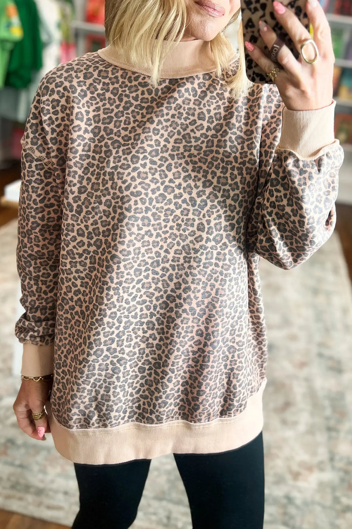 Leopard Print High Neck Long Sleeve Ribbed Cuffs Hem Sweatshirt – Multicolour