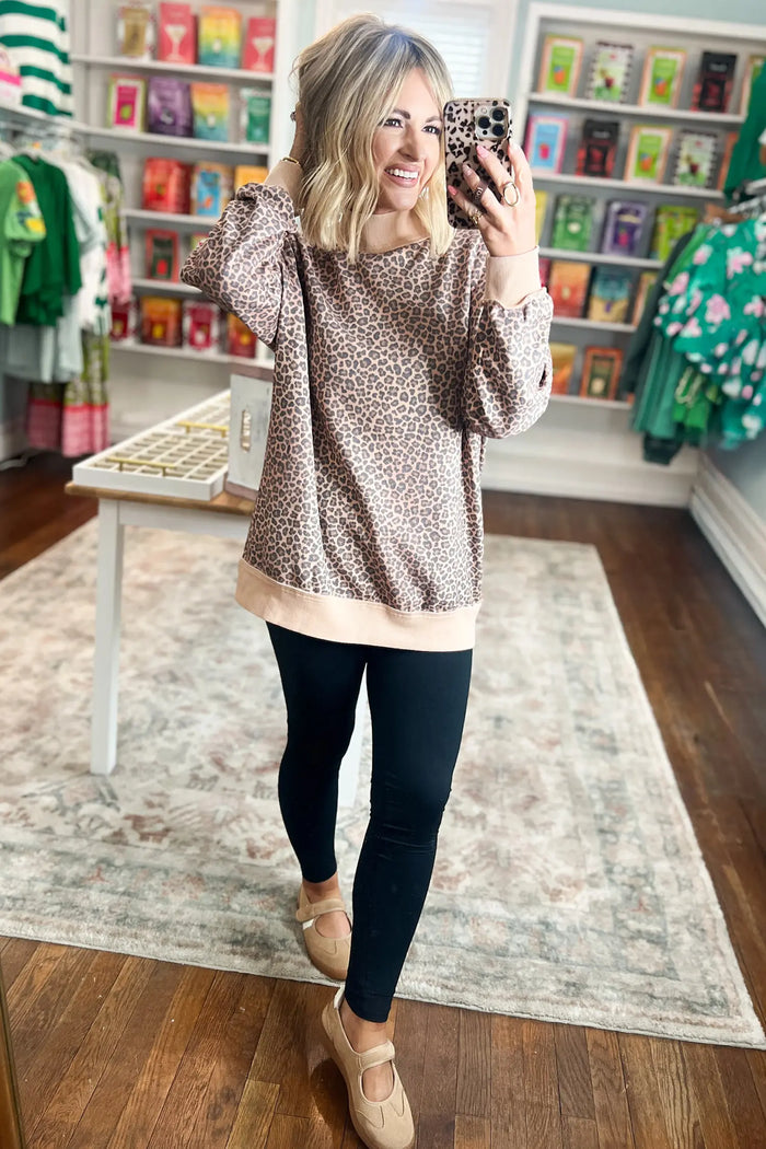 Leopard Print High Neck Long Sleeve Ribbed Cuffs Hem Sweatshirt – Multicolour
