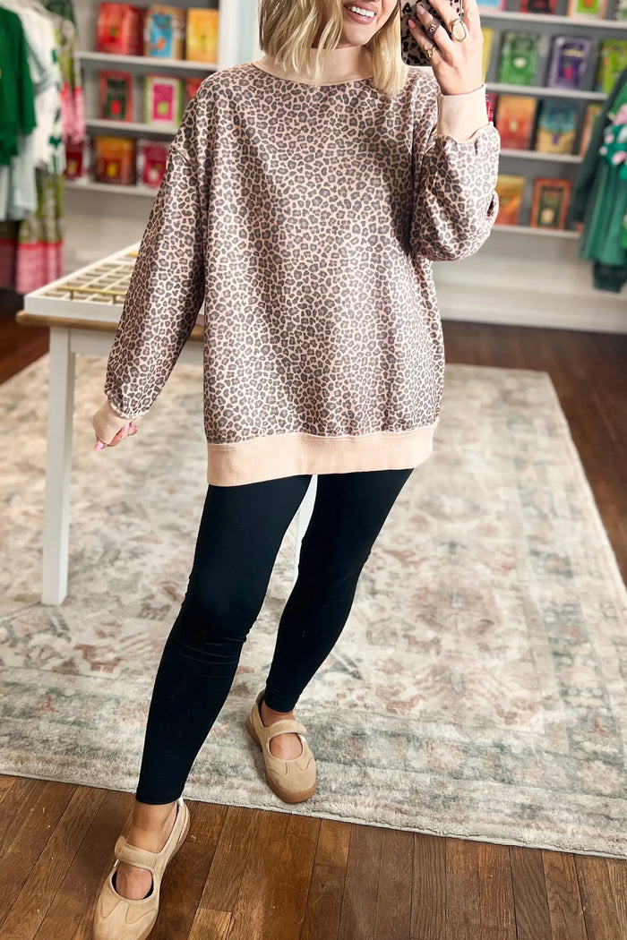 Leopard Print High Neck Long Sleeve Ribbed Cuffs Hem Sweatshirt – Multicolour