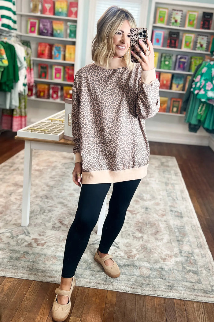 Leopard Print High Neck Long Sleeve Ribbed Cuffs Hem Sweatshirt – Multicolour