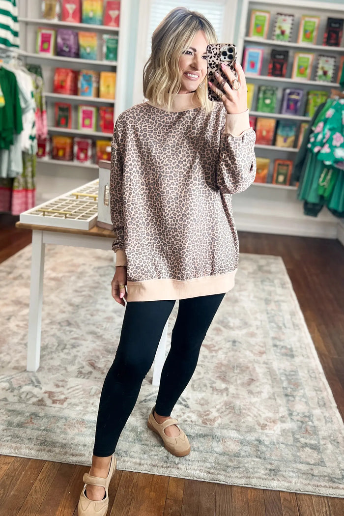Leopard Print High Neck Long Sleeve Ribbed Cuffs Hem Sweatshirt – Multicolour