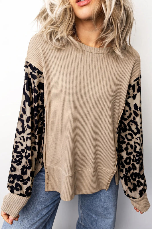 Leopard Sleeve Waffle Knit Split Hem Top – Gray Morn