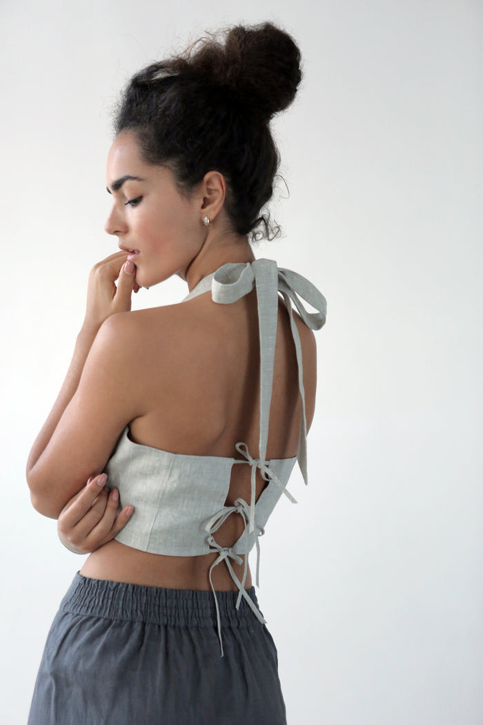 Linen Lace-Up Crop Top IVINA in Beige