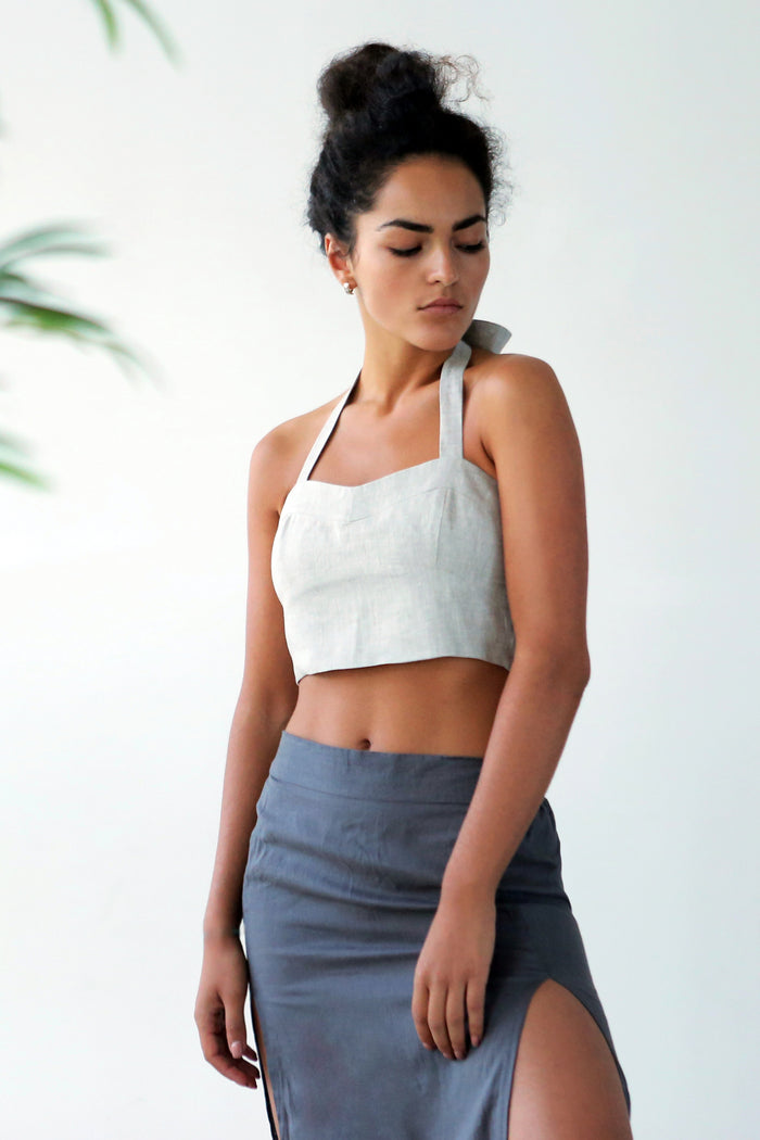 Linen Lace-Up Crop Top IVINA in Beige